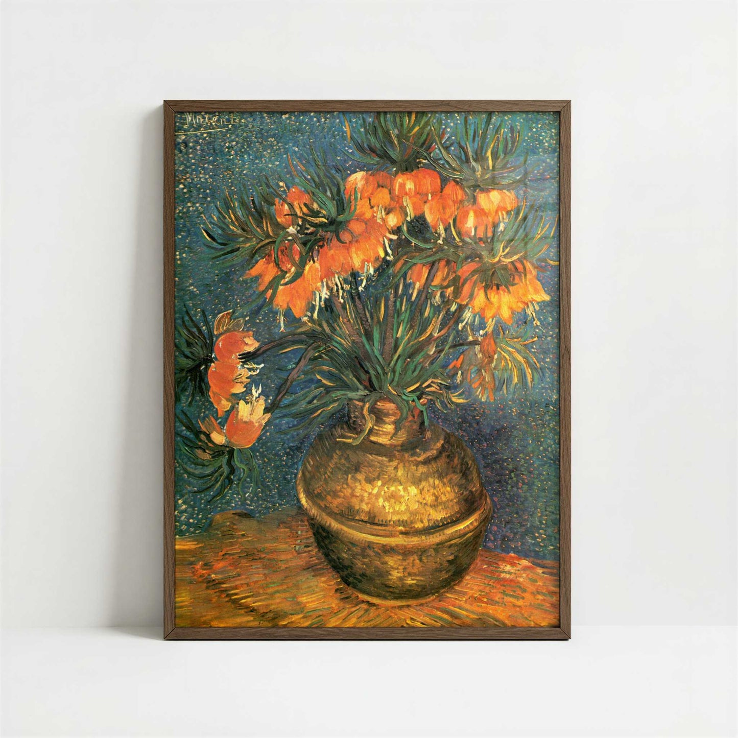 Fritillarias in a Copper Vase (1886) by Vincent van Gogh – Art Print - Art print in dark wood frame
