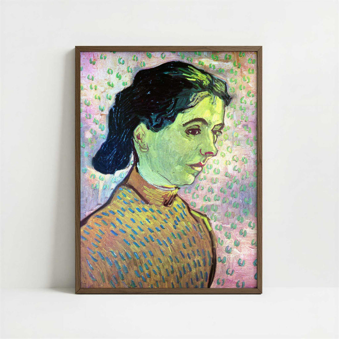 Girl on Pink Background (1888) by Vincent van Gogh – Art Print - Art print in dark wood frame