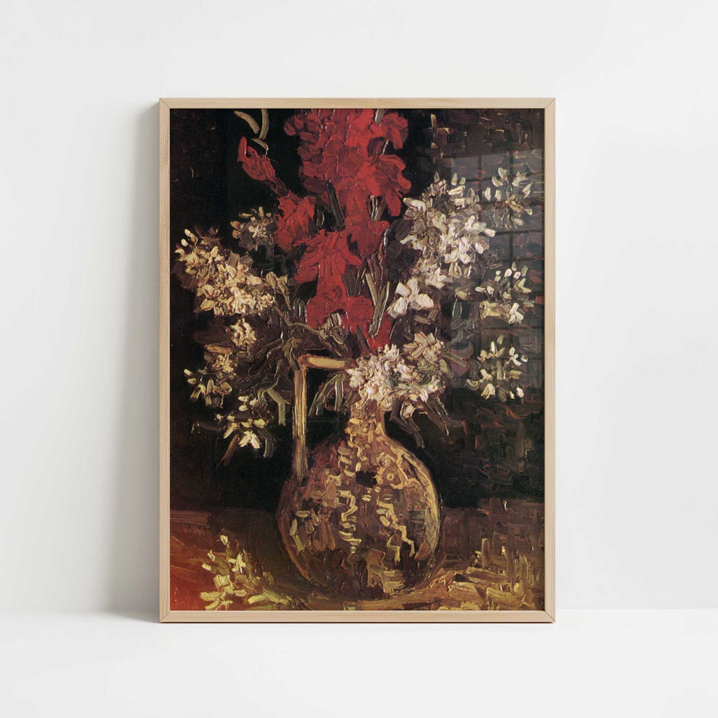 Red Gladioli & Other Flowers in Vase (1886) by Van Gogh – Art Print - Art print in oak frame