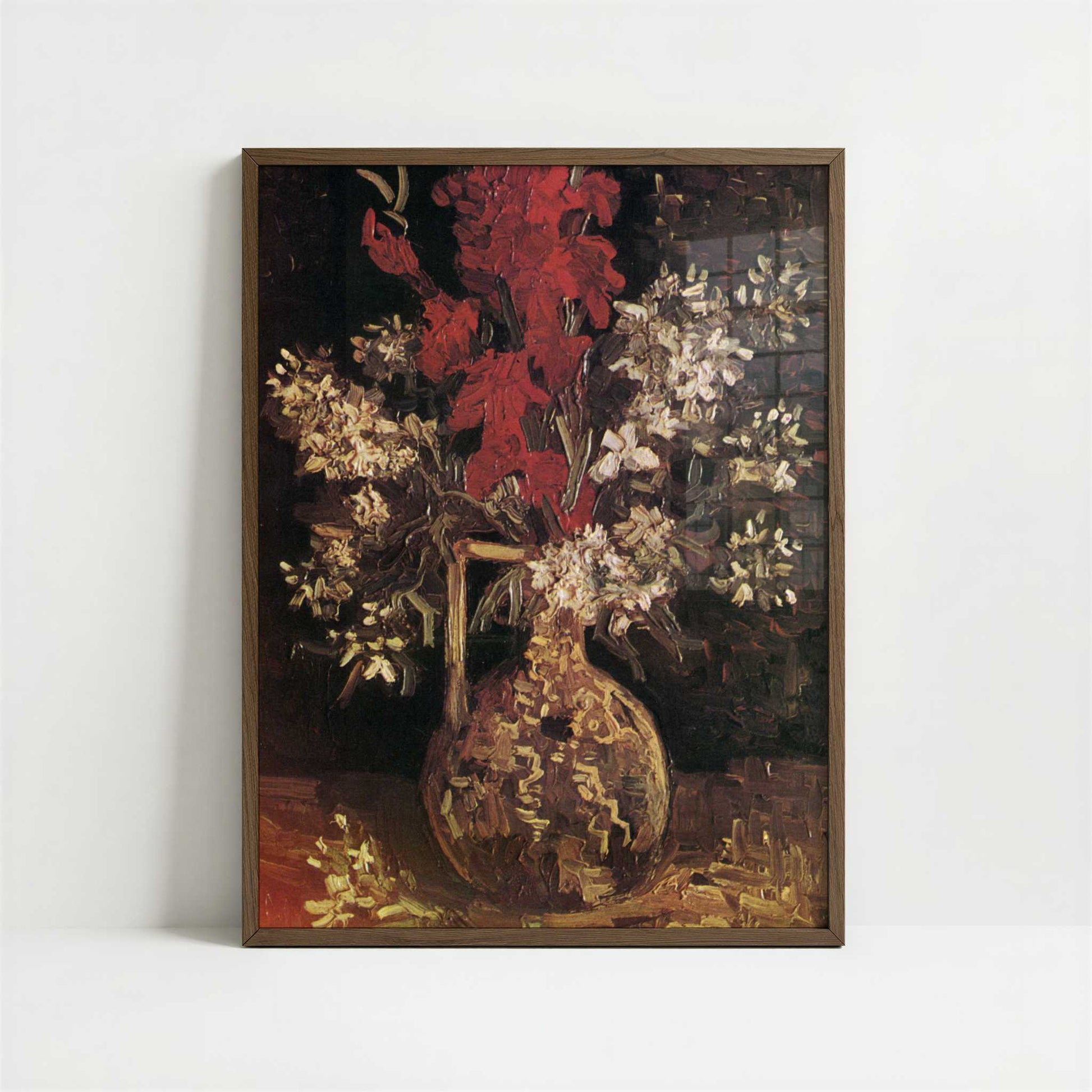 Red Gladioli & Other Flowers in Vase (1886) by Van Gogh – Art Print - Art print in dark wood frame