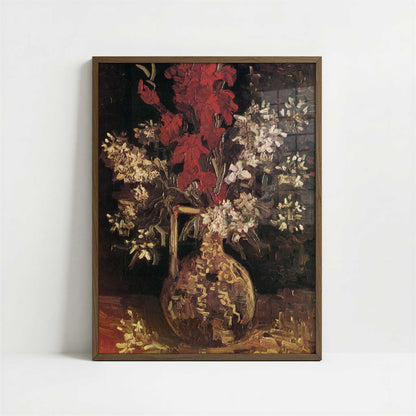 Red Gladioli & Other Flowers in Vase (1886) by Van Gogh – Art Print - Art print in dark wood frame