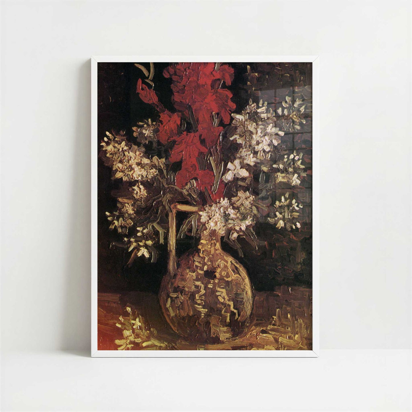 Red Gladioli & Other Flowers in Vase (1886) by Van Gogh – Art Print - Art print in white frame