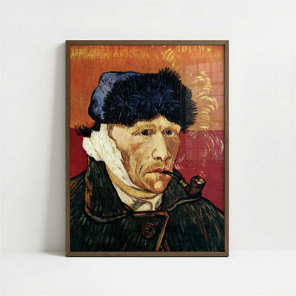 Self-portrait with Pipe & Bandaged Ear (1889) by Van Gogh – Art Print - Art print in dark wood frame