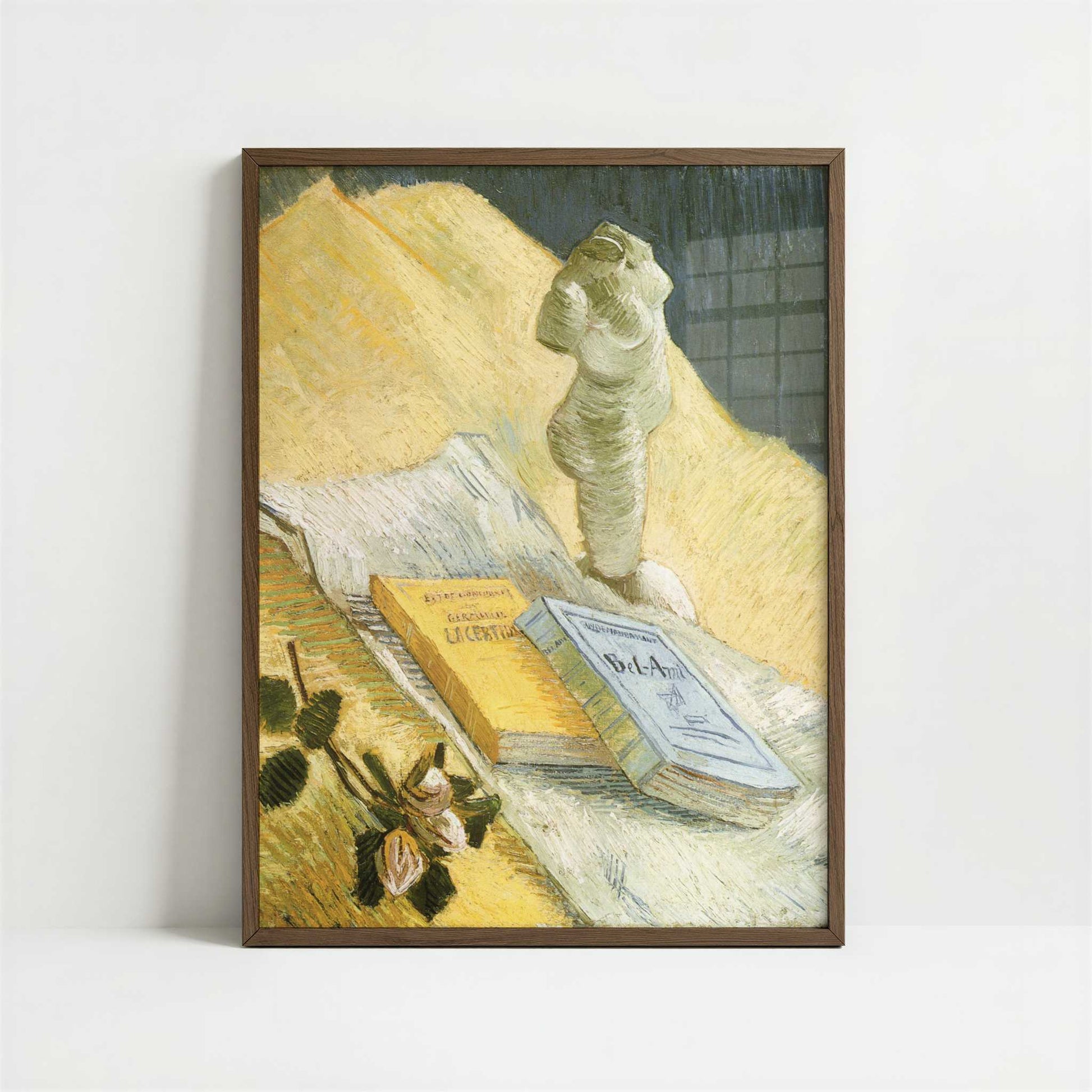 Still Life with Plaster Statuette & Books (1887) by Vincent van Gogh – Art Print - Art print in dark wood frame