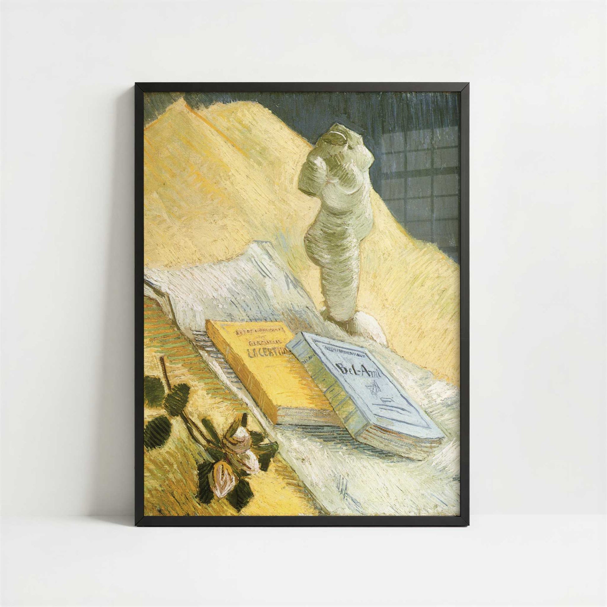 Still Life with Plaster Statuette & Books (1887) by Vincent van Gogh – Art Print - Art print in black frame