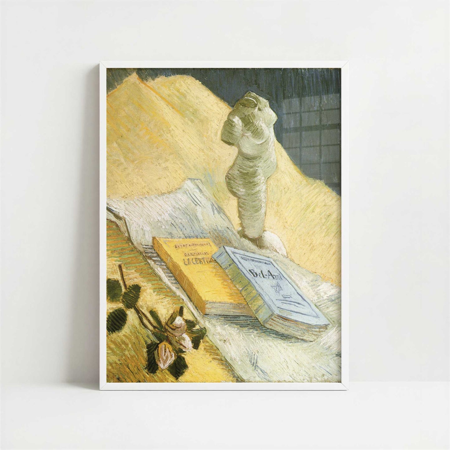 Still Life with Plaster Statuette & Books (1887) by Vincent van Gogh – Art Print - Art print in white frame