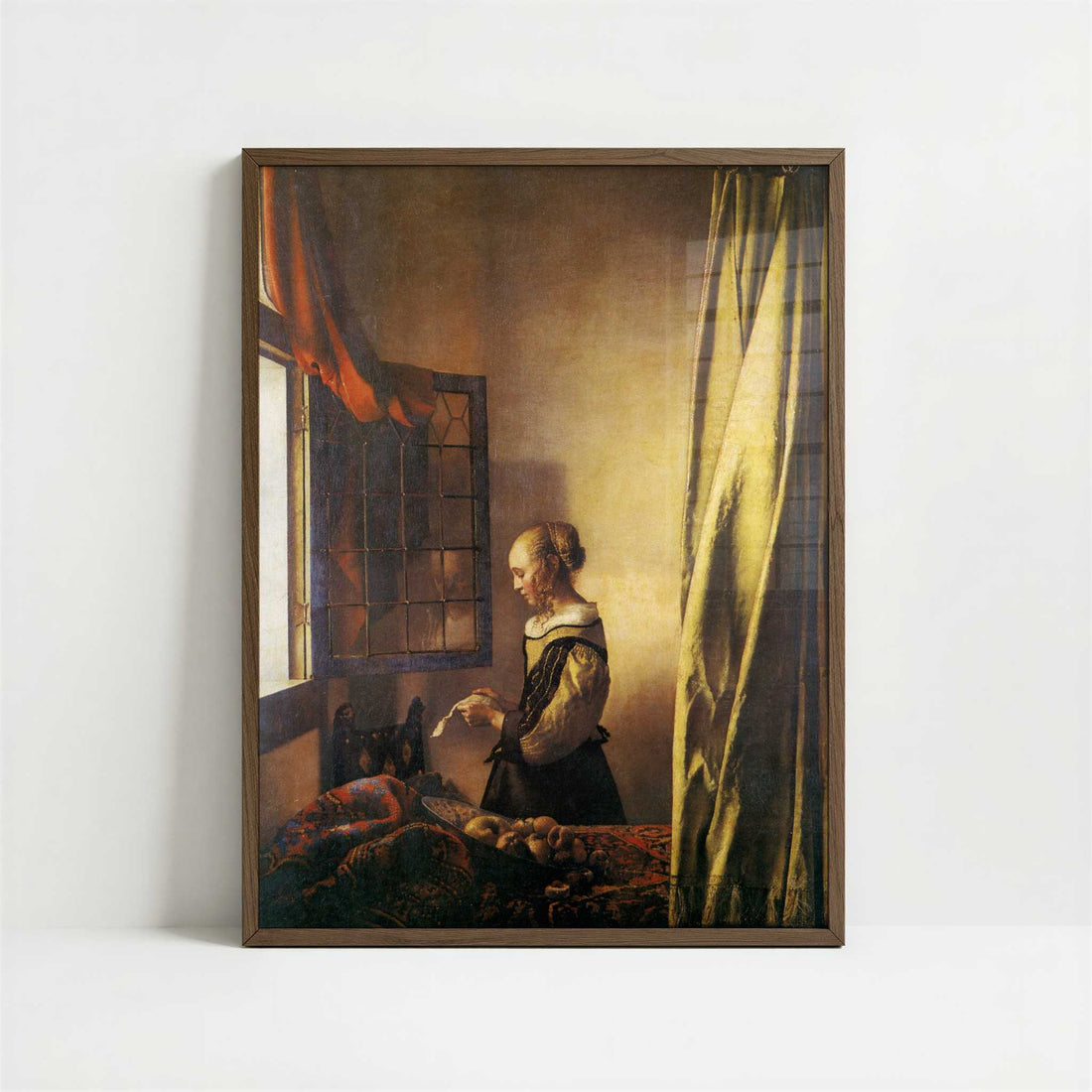 A Girl Reading a Letter (1657) by Johannes Vermeer – Art Print - Art print in dark wood frame