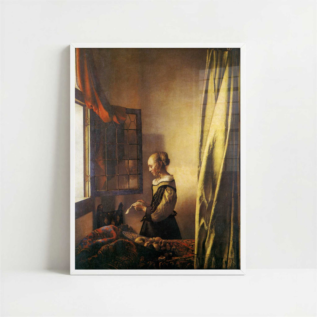 A Girl Reading a Letter (1657) by Johannes Vermeer – Art Print - Art print in white frame