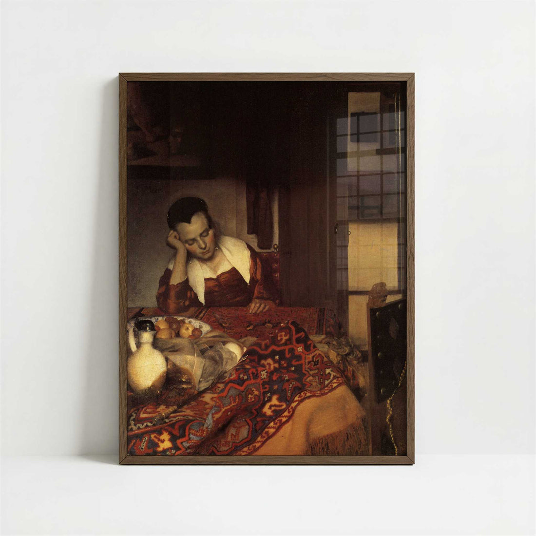 A Woman Asleep (1657) by Johannes Vermeer – Art Print - Art print in dark wood frame