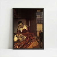 A Woman Asleep (1657) by Johannes Vermeer – Art Print - Art print in black frame