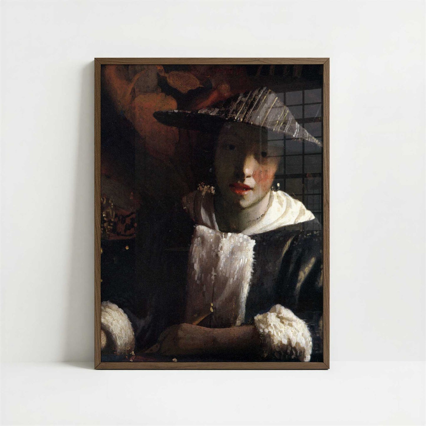 Girl with a Flute (c.1665) by Johannes Vermeer – Art Print - Art print in dark wood frame