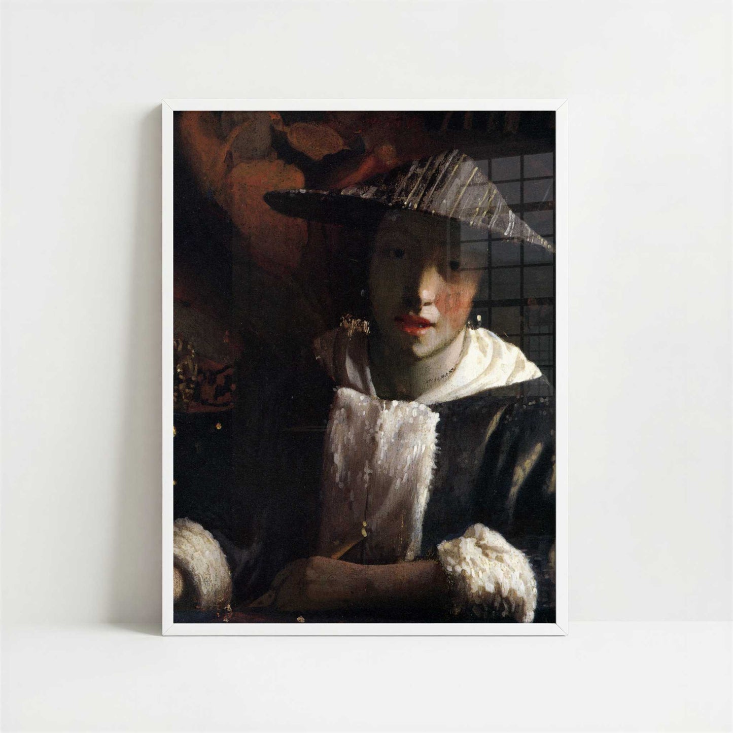 Girl with a Flute (c.1665) by Johannes Vermeer – Art Print - Art print in white frame