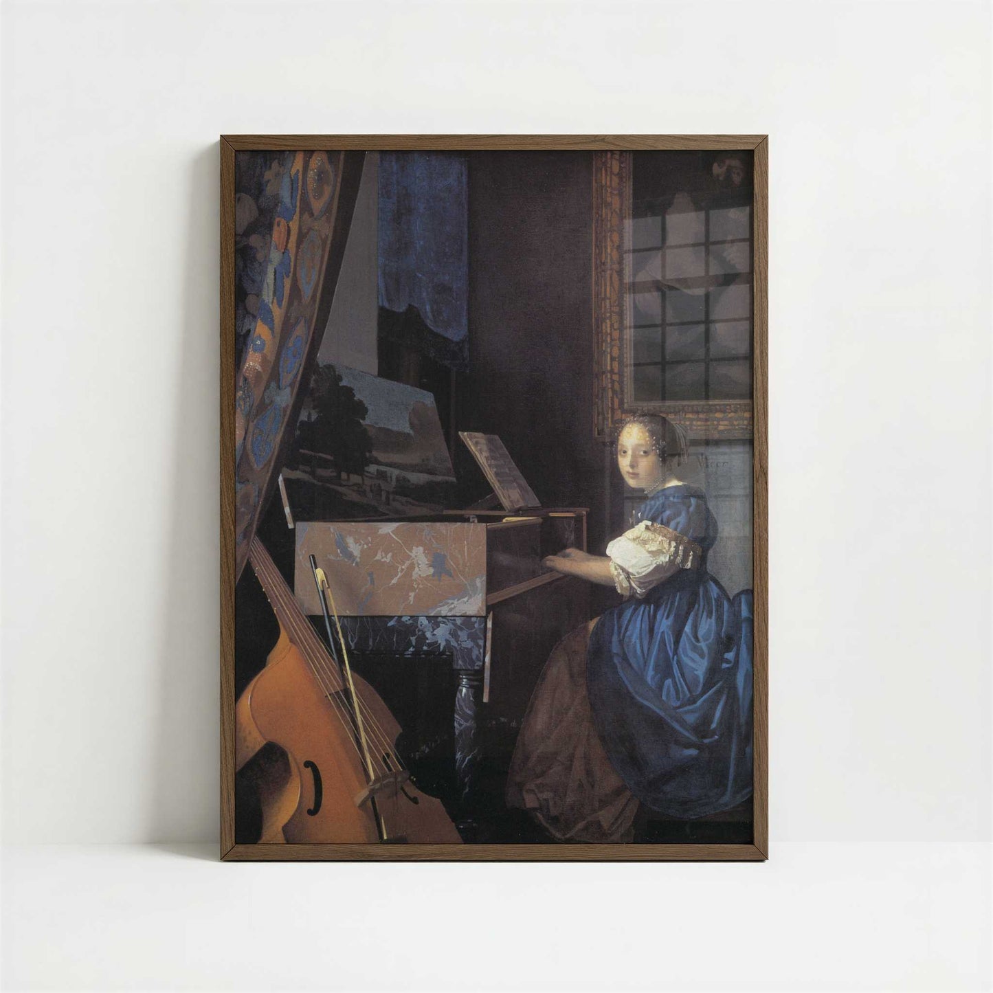 Lady Seated at the Virginal (1675) by Johannes Vermeer – Art Print - Art print in dark wood frame
