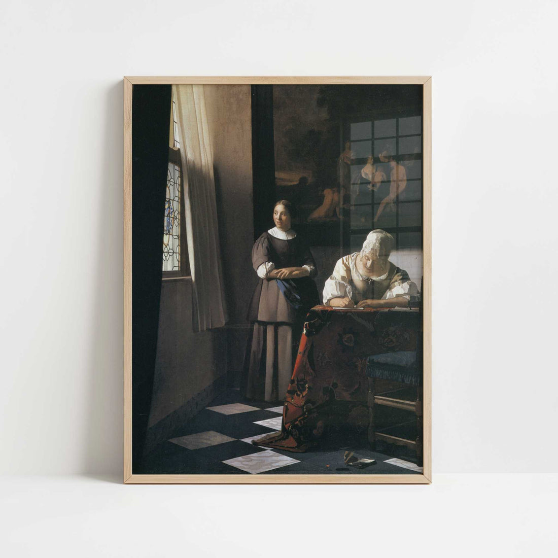 Lady Writing a Letter with Her Maid (c.1670) by Johannes Vermeer – Art Print - Art print in oak frame