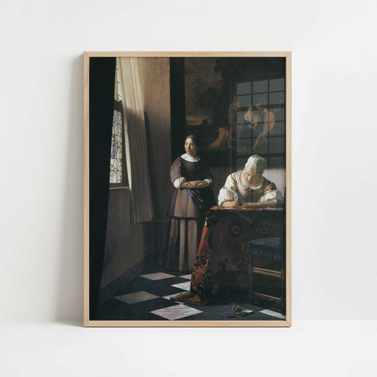 Lady Writing a Letter with Her Maid (c.1670) by Johannes Vermeer – Art Print - Art print in oak frame