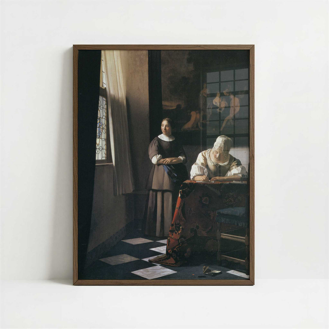 Lady Writing a Letter with Her Maid (c.1670) by Johannes Vermeer – Art Print - Art print in dark wood frame