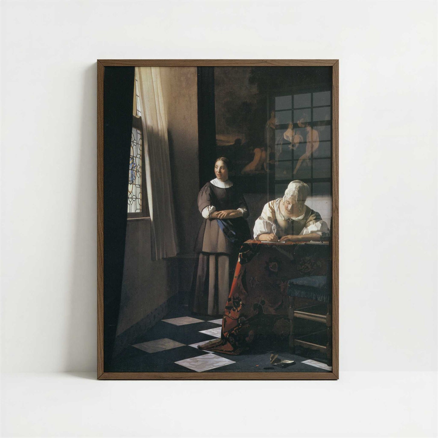 Lady Writing a Letter with Her Maid (c.1670) by Johannes Vermeer – Art Print - Art print in dark wood frame
