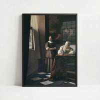 Lady Writing a Letter with Her Maid (c.1670) by Johannes Vermeer – Art Print - Art print in black frame