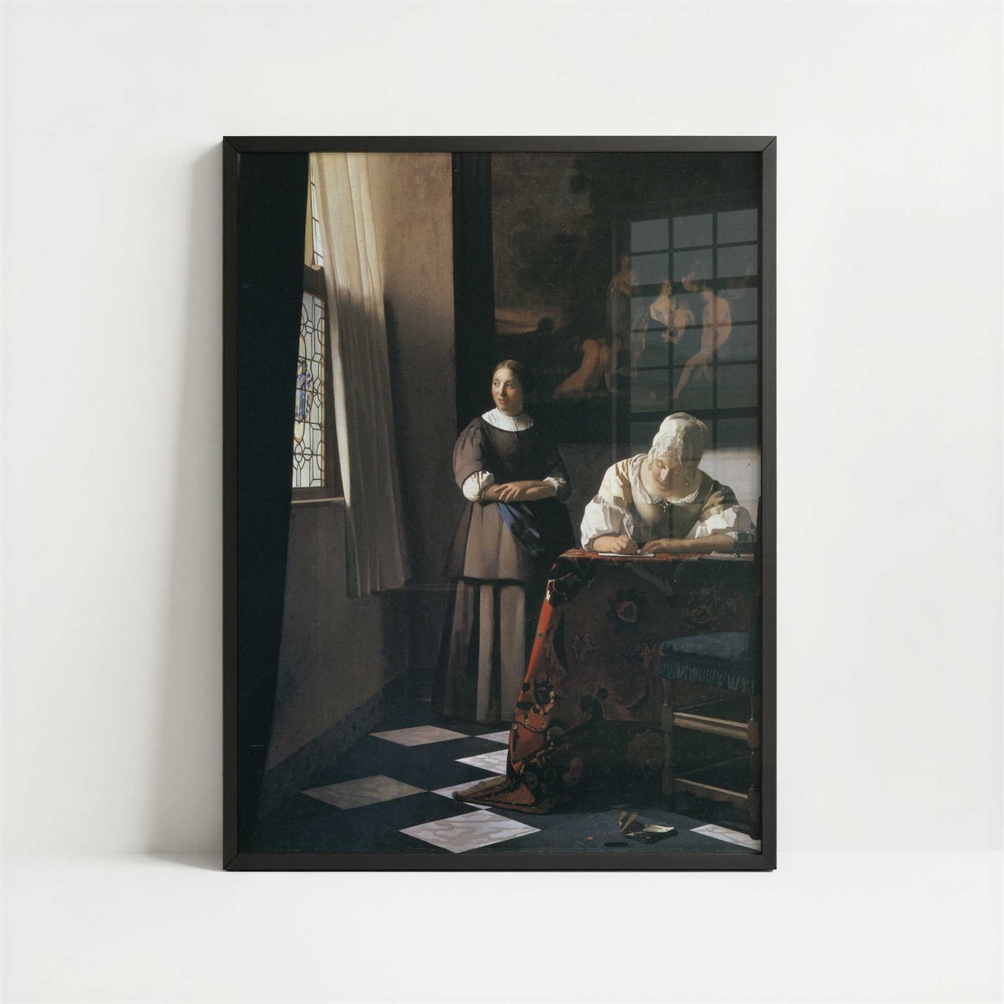 Lady Writing a Letter with Her Maid (c.1670) by Johannes Vermeer – Art Print - Art print in black frame