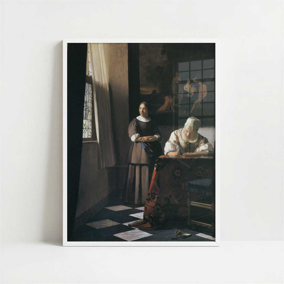 Lady Writing a Letter with Her Maid (c.1670) by Johannes Vermeer – Art Print - Art print in white frame