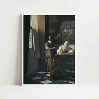 Lady Writing a Letter with Her Maid (c.1670) by Johannes Vermeer – Art Print - Art print in white frame