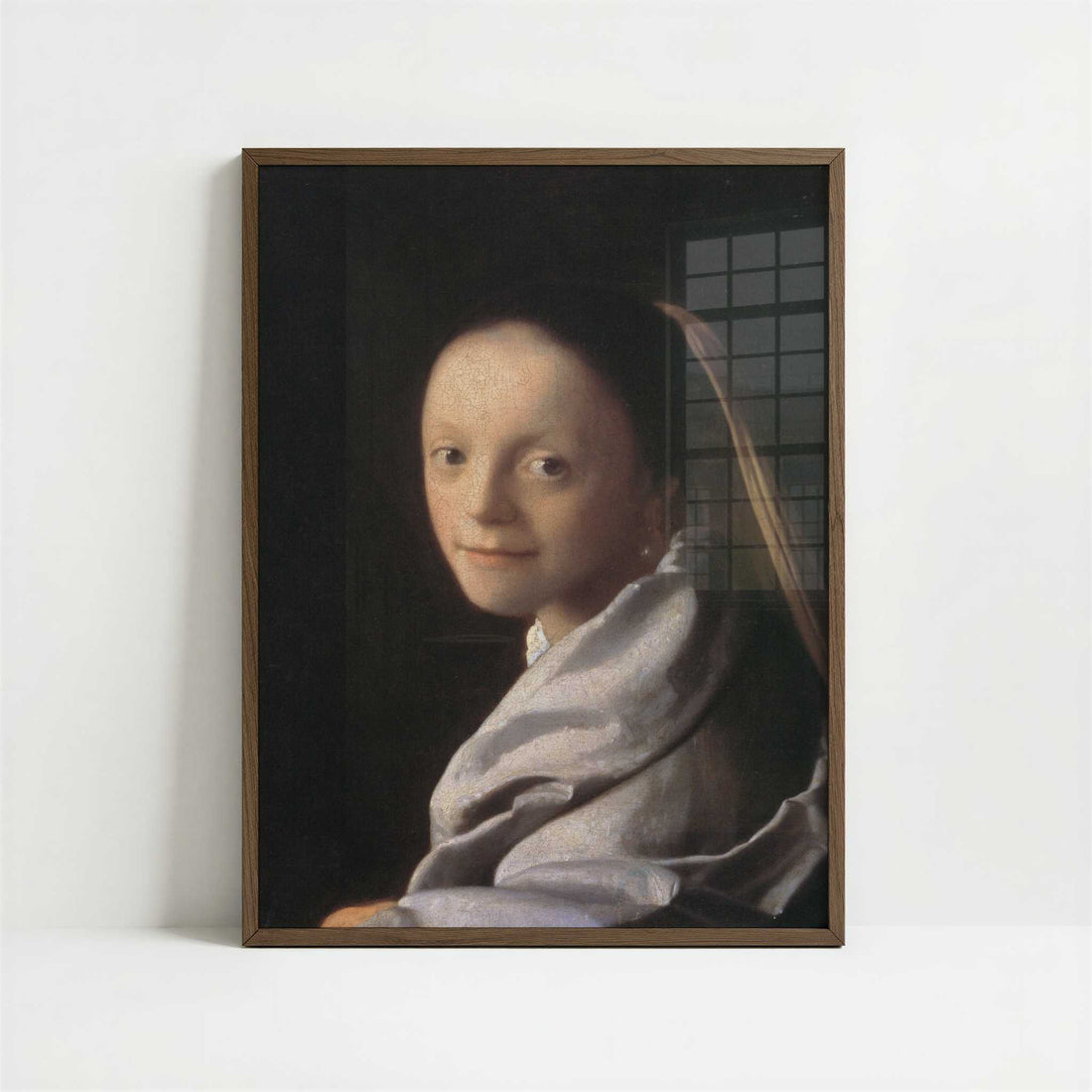 Portrait of a Young Woman (1667) by Johannes Vermeer – Art Print - Art print in dark wood frame
