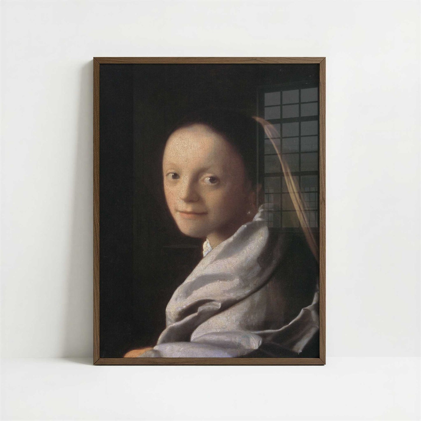 Portrait of a Young Woman (1667) by Johannes Vermeer – Art Print - Art print in dark wood frame