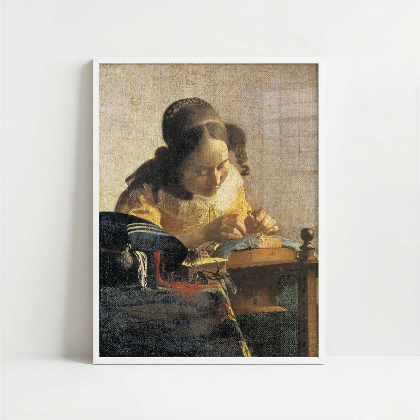 The Lacemaker (1669-70) by Johannes Vermeer – Art Print - Art print in white frame