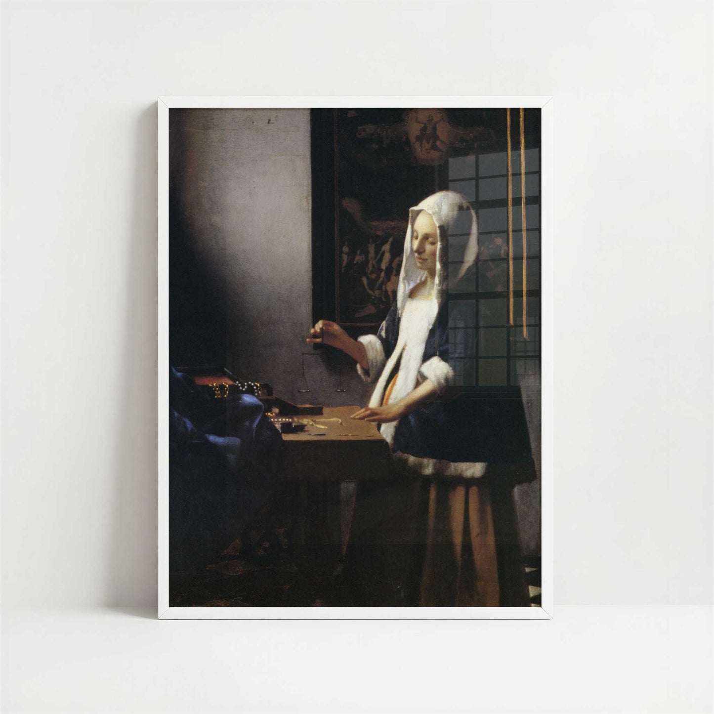 Woman Holding a Balance (1664) by Johannes Vermeer – Art Print - Art print in white frame