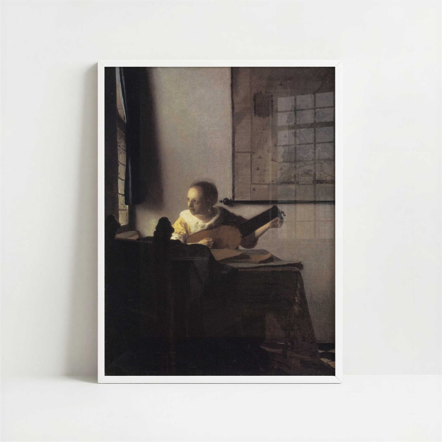 Woman with a Lute (1664) by Johannes Vermeer – Art Print - Art print in white frame